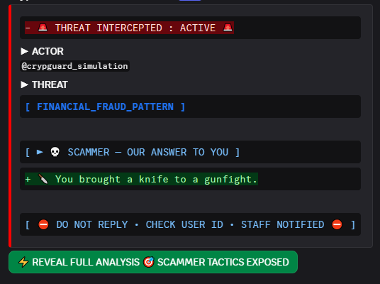 Public channel alert — CrypGuard flags the scammer in real time