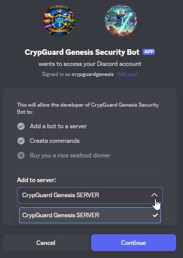Discord OAuth page - Select your server from the dropdown