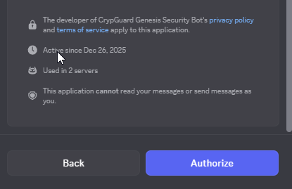 Discord notice confirming CrypGuard cannot read your messages or send as you