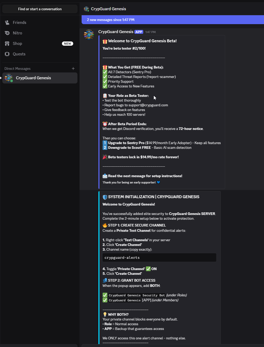 Full CrypGuard Genesis DM with welcome message and setup instructions