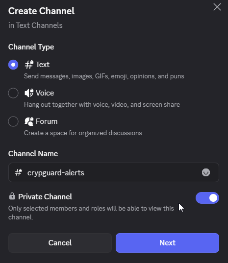 Discord Create Channel dialog with crypguard-alerts name and Private toggle ON