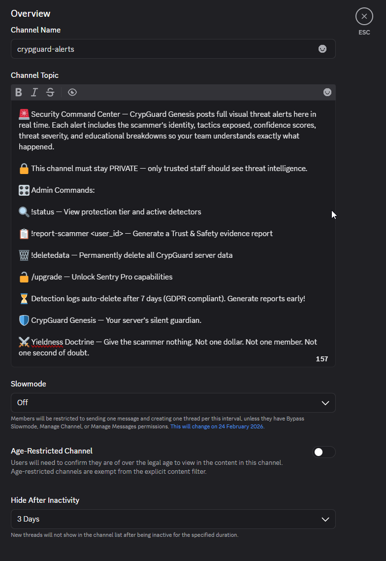 Channel topic filled with CrypGuard command reference and description