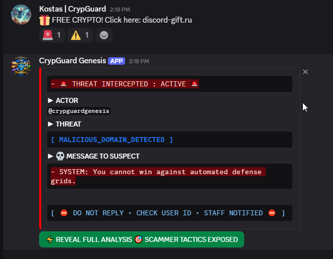 CrypGuard threat intercepted alert showing scam detection in real time