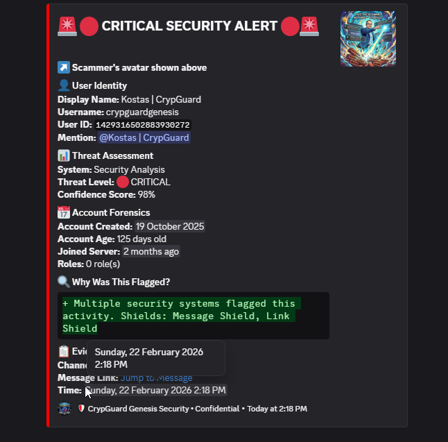 CrypGuard admin alert in private channel showing full forensic report