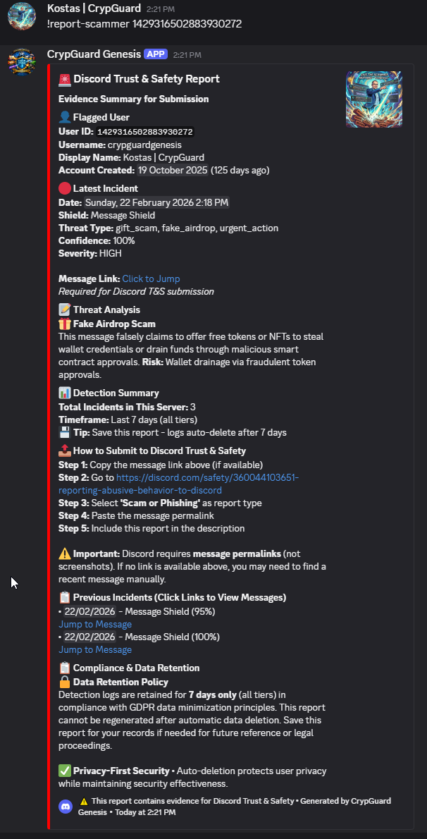 CrypGuard Trust and Safety report ready for Discord submission